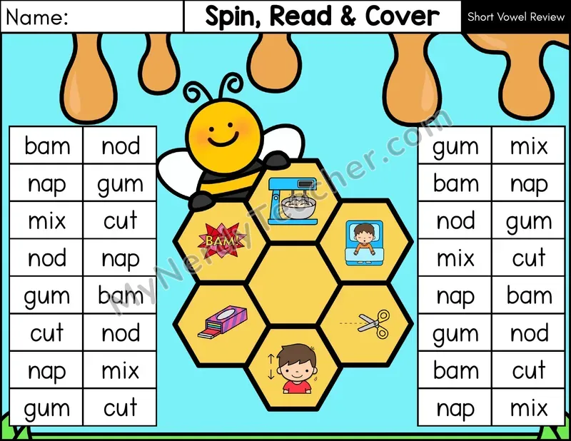 Short Vowel Review CVC Spin, Read, and Cover Phonics Game — Color
