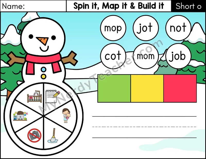 Short O CVC Spin it, Map it, and Build it Phonics Center — Color
