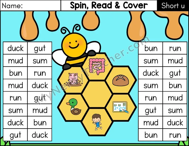 Short U CVC Spin, Read, and Cover Phonics Game — Color