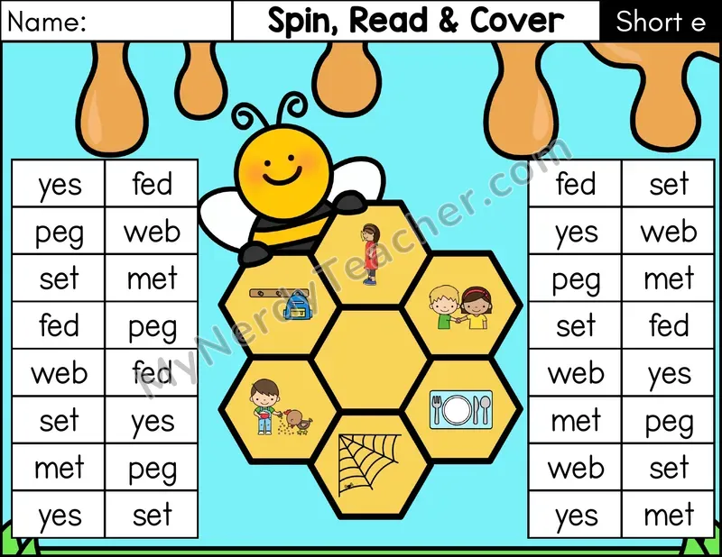 Short E CVC Spin, Read, and Cover Phonics Game — Color