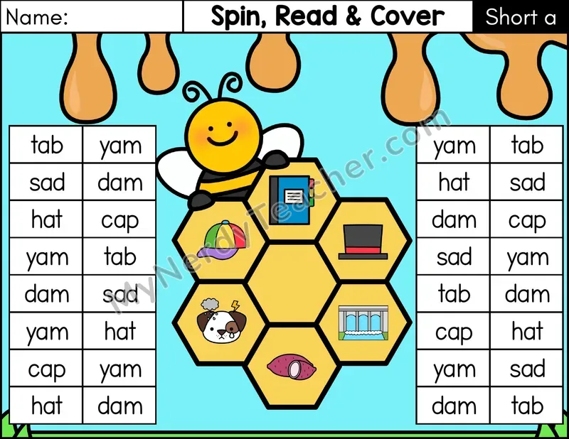 Short A CVC Spin, Read, and Cover Phonics Game — Color