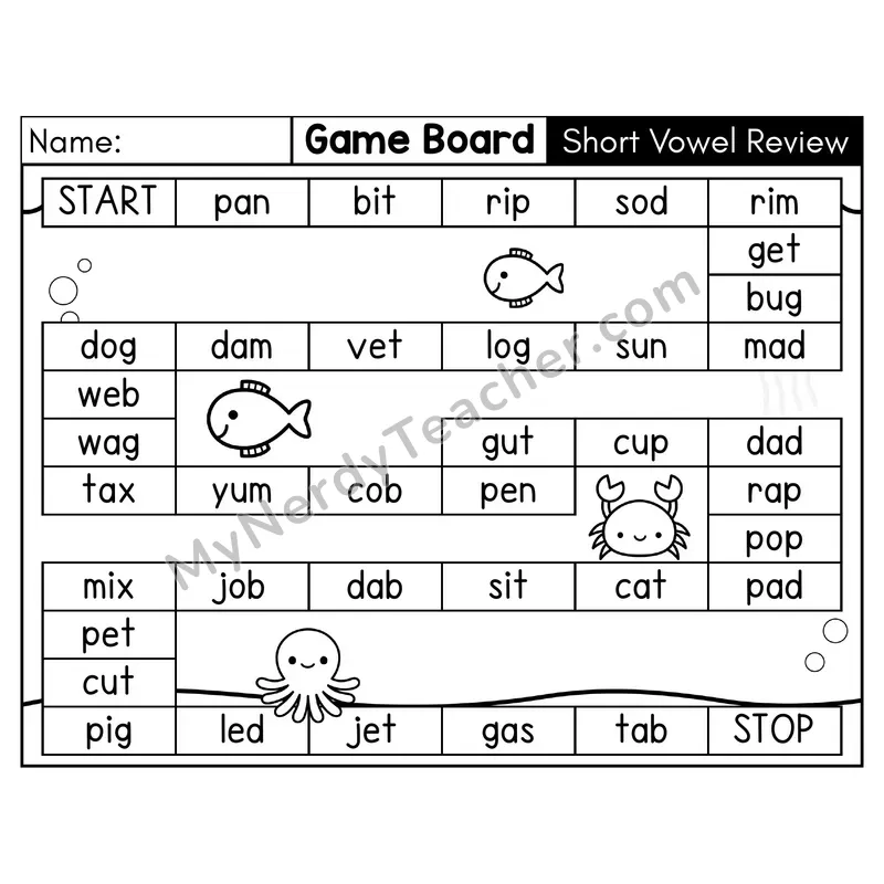 Short Vowel Review CVC Game Board Phonics Game — Black & White