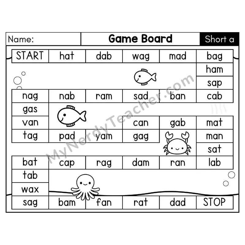 Short A CVC Game Board Phonics Game — Black & White