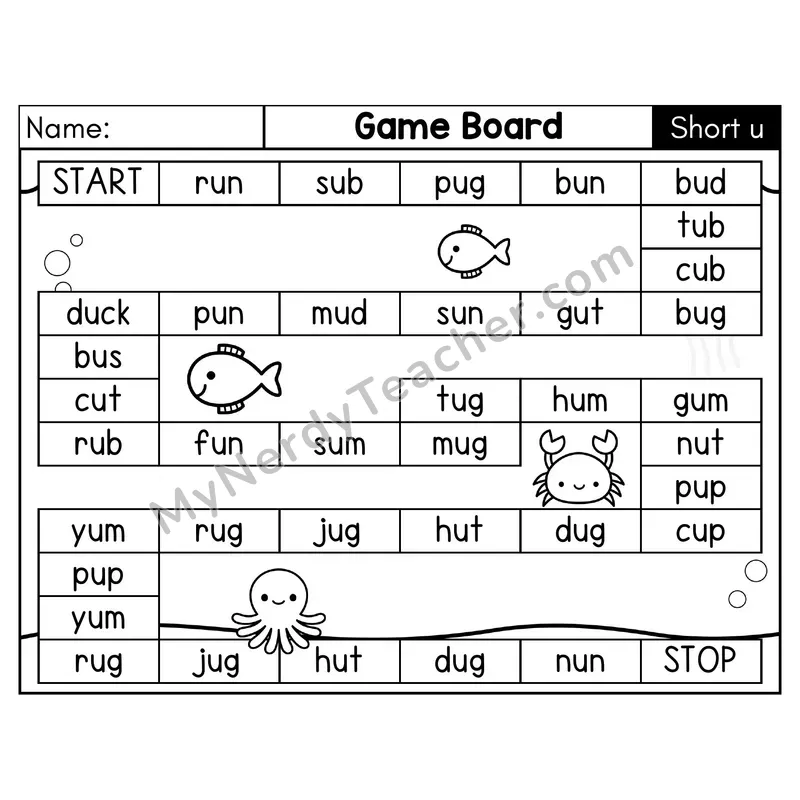 Short U CVC Game Board Phonics Game — Black & White