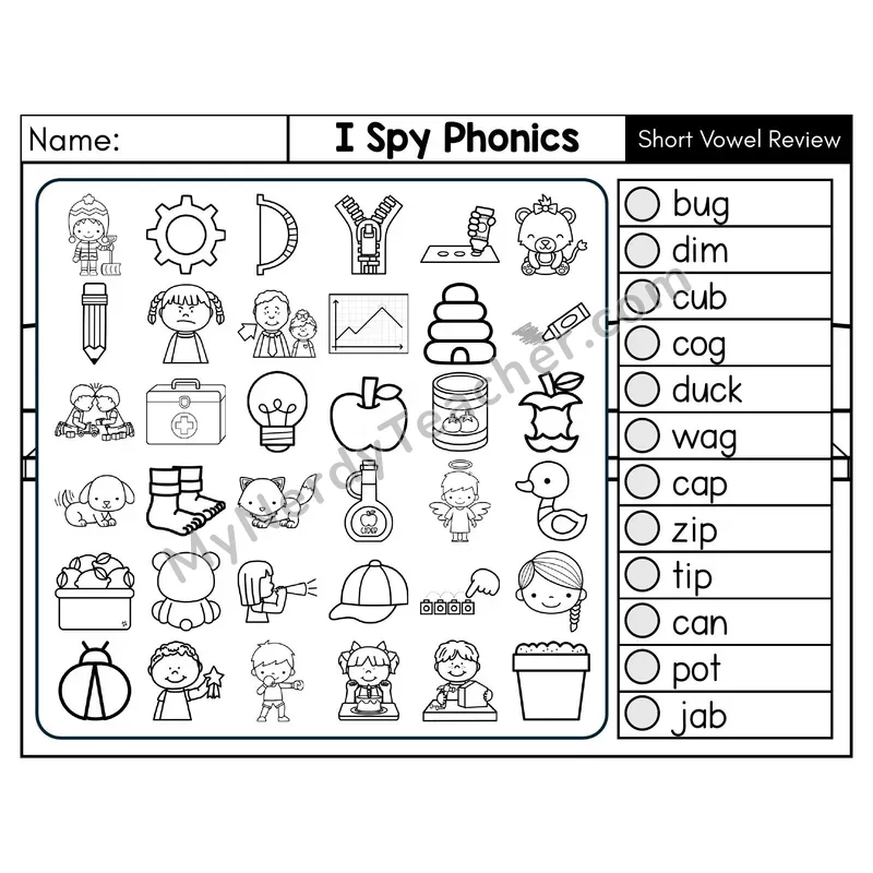 Short Vowel Review I Spy CVC Phonics Worksheet — Black & White