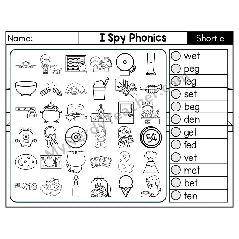 Short E I Spy CVC Phonics Worksheet — Black & White