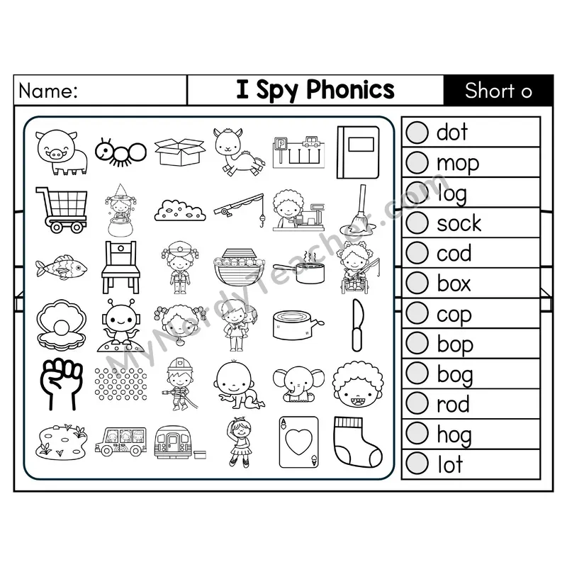 Short O I Spy CVC Phonics Worksheet — Black & White