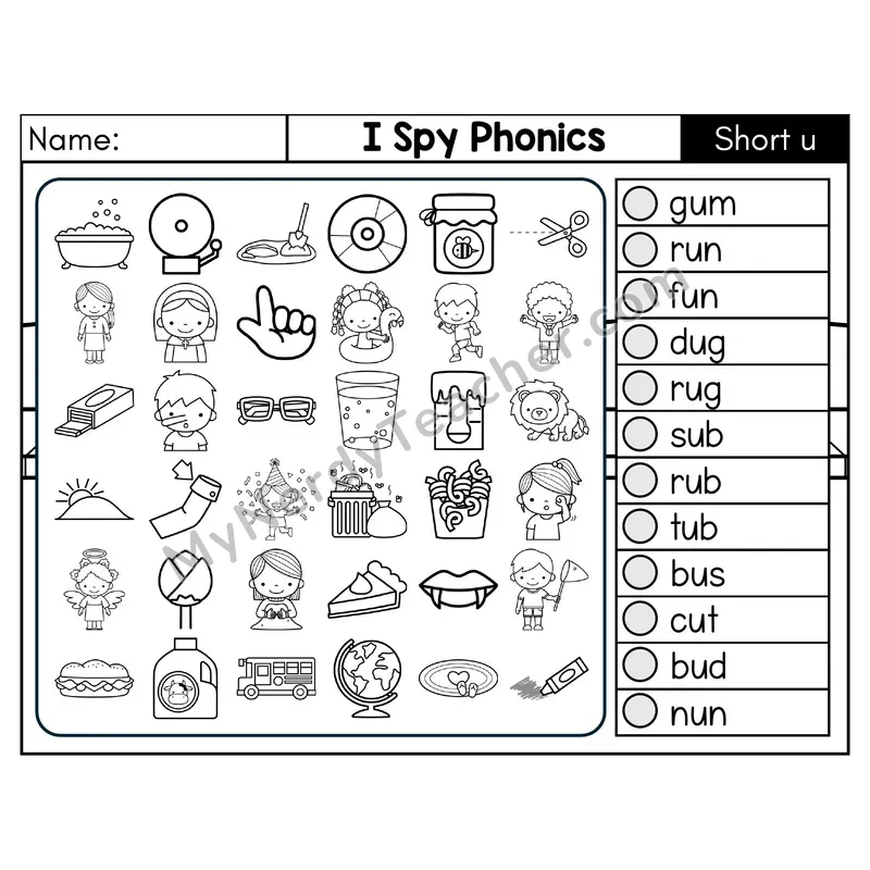 Short U I Spy CVC Phonics Worksheet — Black & White