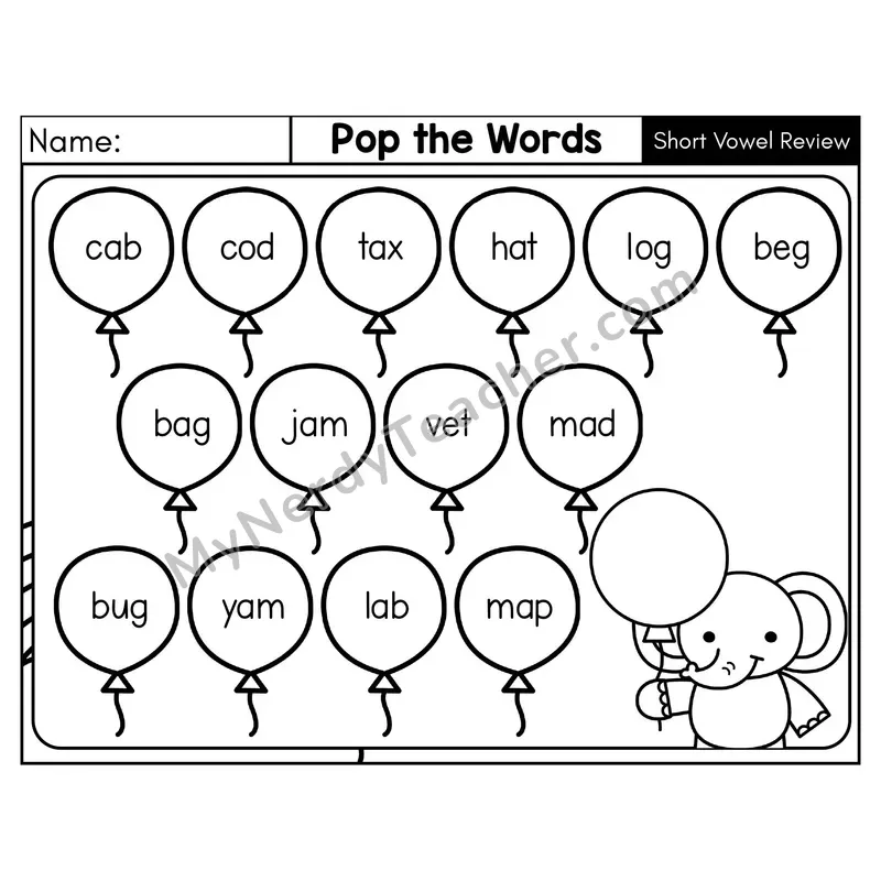 Short Vowel Review CVC Pop the Words Phonics Game — Black & White
