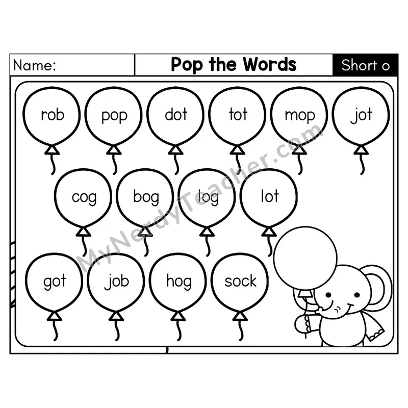 Short O CVC Pop the Words Phonics Game — Black & White