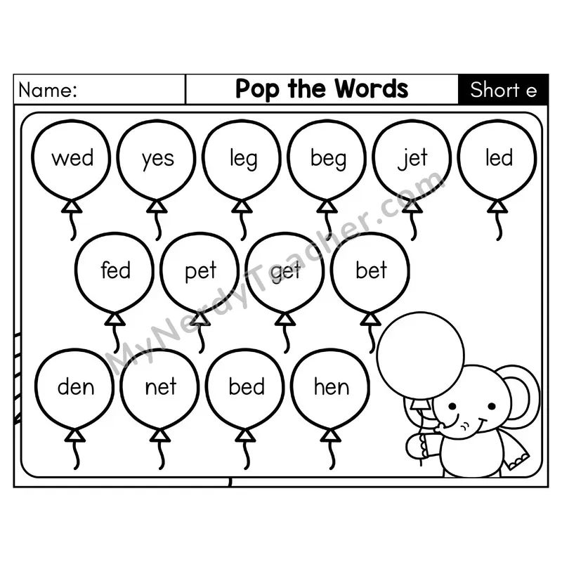 Short E CVC Pop the Words Phonics Game — Black & White