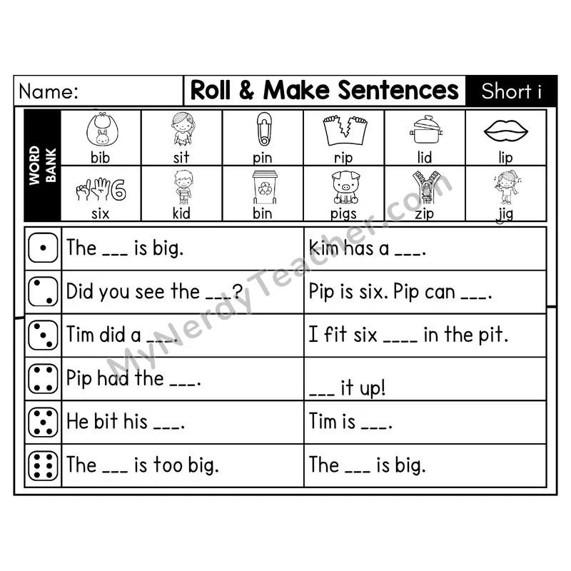 Short I CVC Roll and Make Sentences Phonics Center — Black & White
