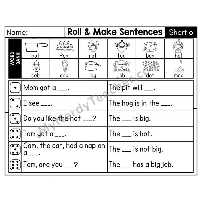 Short O CVC Roll and Make Sentences Phonics Center — Black & White