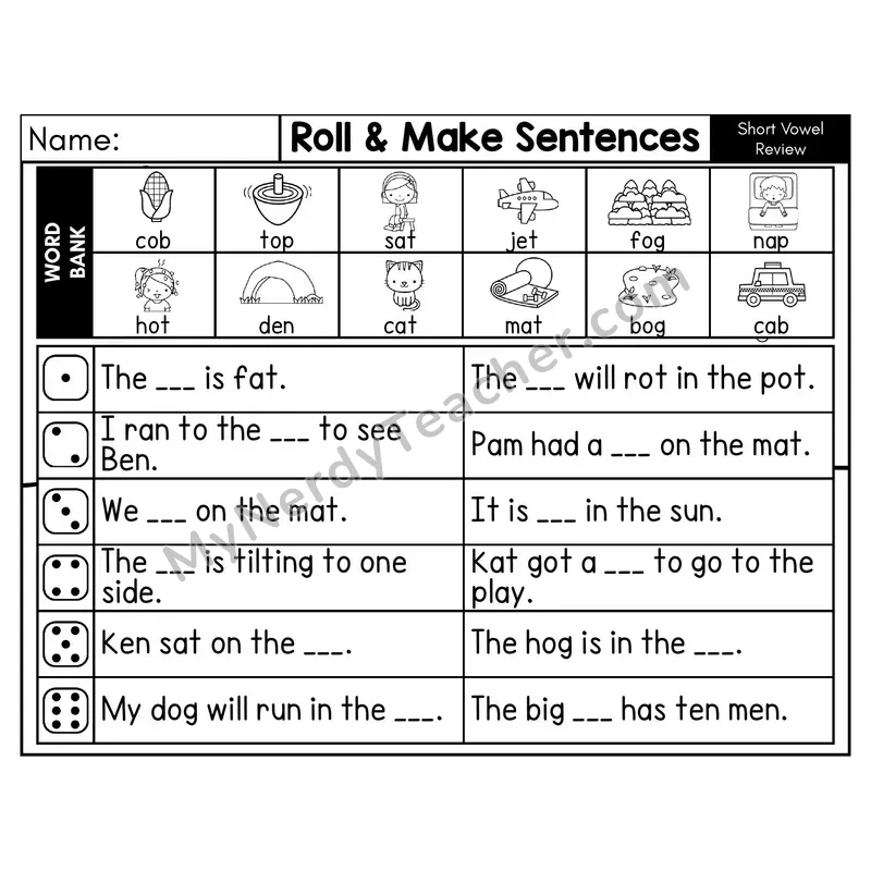 Short Vowel Review CVC Roll and Make Sentences Phonics Center — Black & White