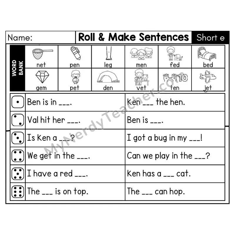 Short E CVC Roll and Make Sentences Phonics Center — Black & White
