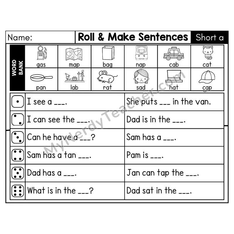 Short A CVC Roll and Make Sentences Phonics Center — Black & White