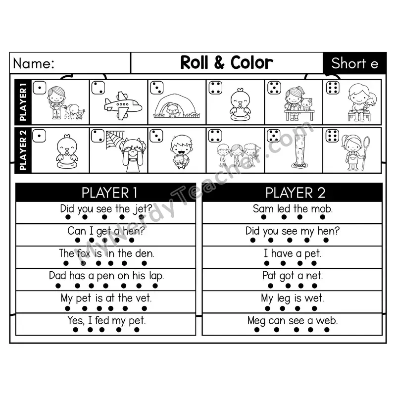 Short E CVC Roll and Color Sentences Phonics Game — Black & White