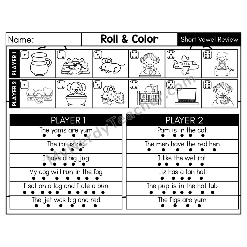 Short Vowel Review CVC Roll and Color Sentences Phonics Game — Black & White