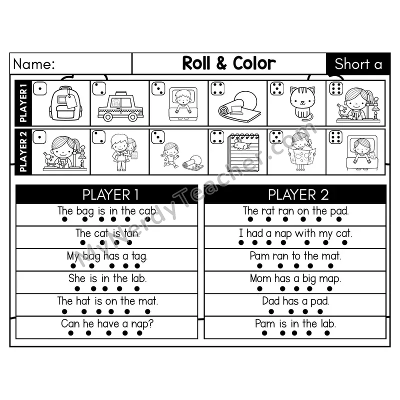 Short A CVC Roll and Color Sentences Phonics Game — Black & White