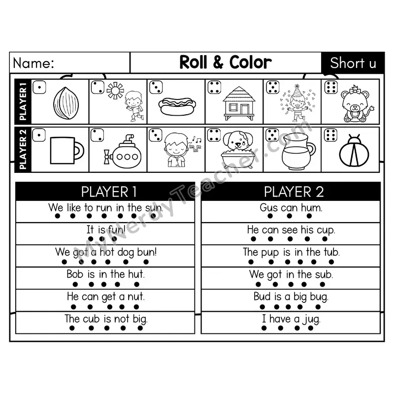 Short U CVC Roll and Color Sentences Phonics Game — Black & White