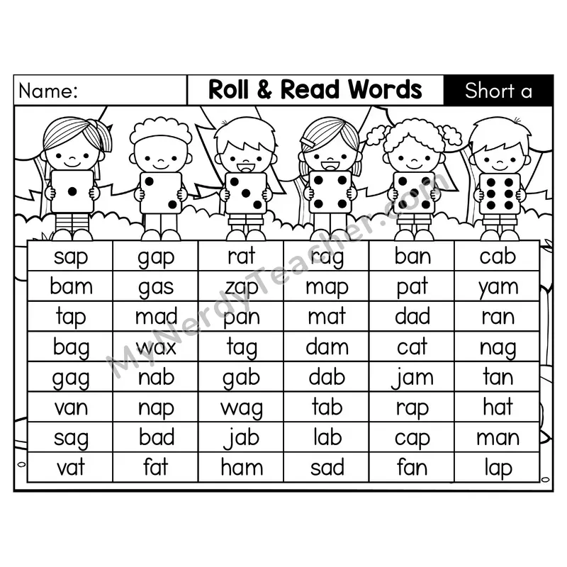 Short A CVC Roll and Read Words Phonics Center — Black & White