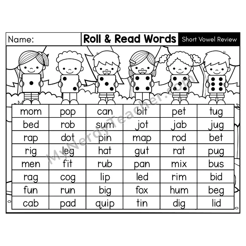 Short Vowel Review CVC Roll and Read Words Phonics Center — Black & White