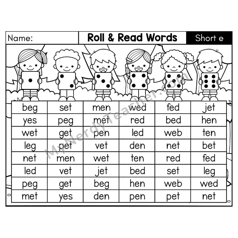Short E CVC Roll and Read Words Phonics Center — Black & White