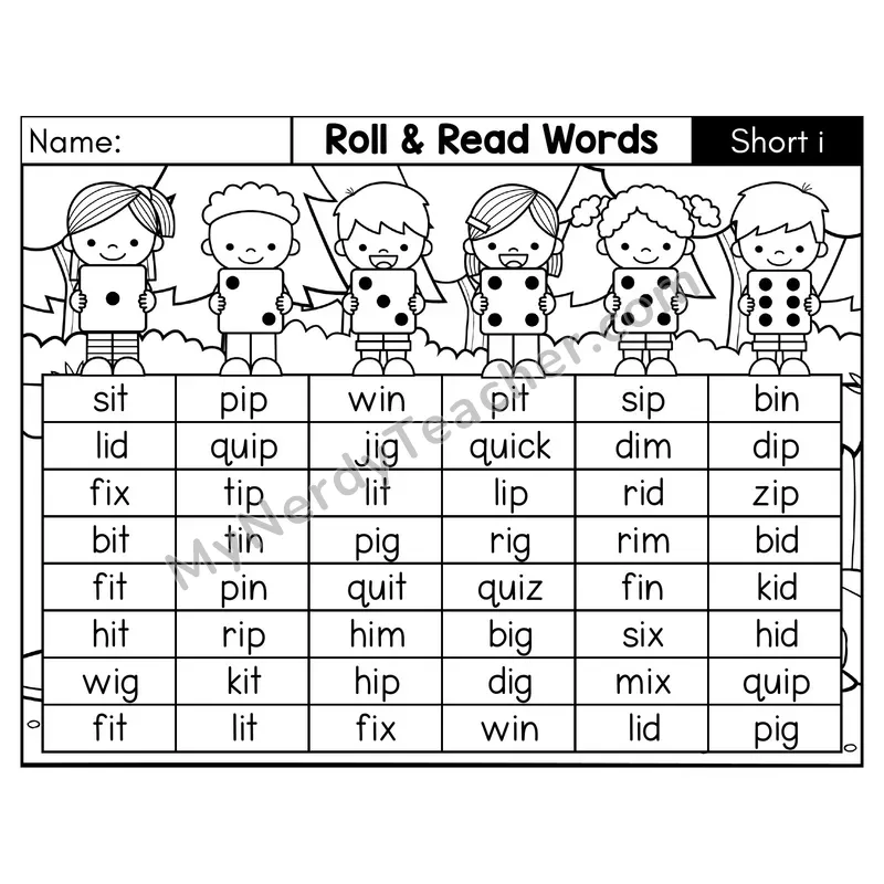 Short I CVC Roll and Read Words Phonics Center — Black & White