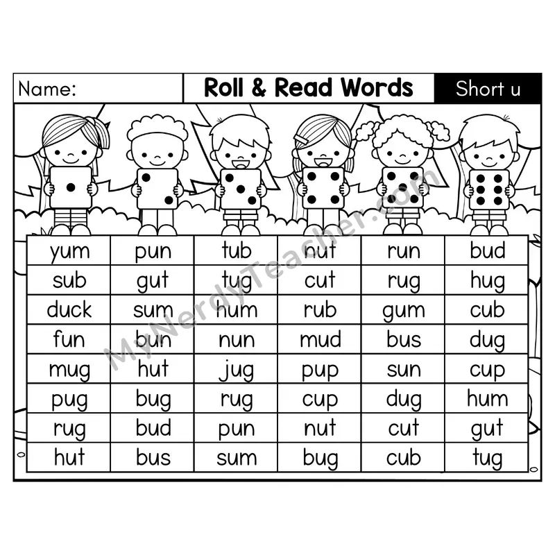 Short U CVC Roll and Read Words Phonics Center — Black & White