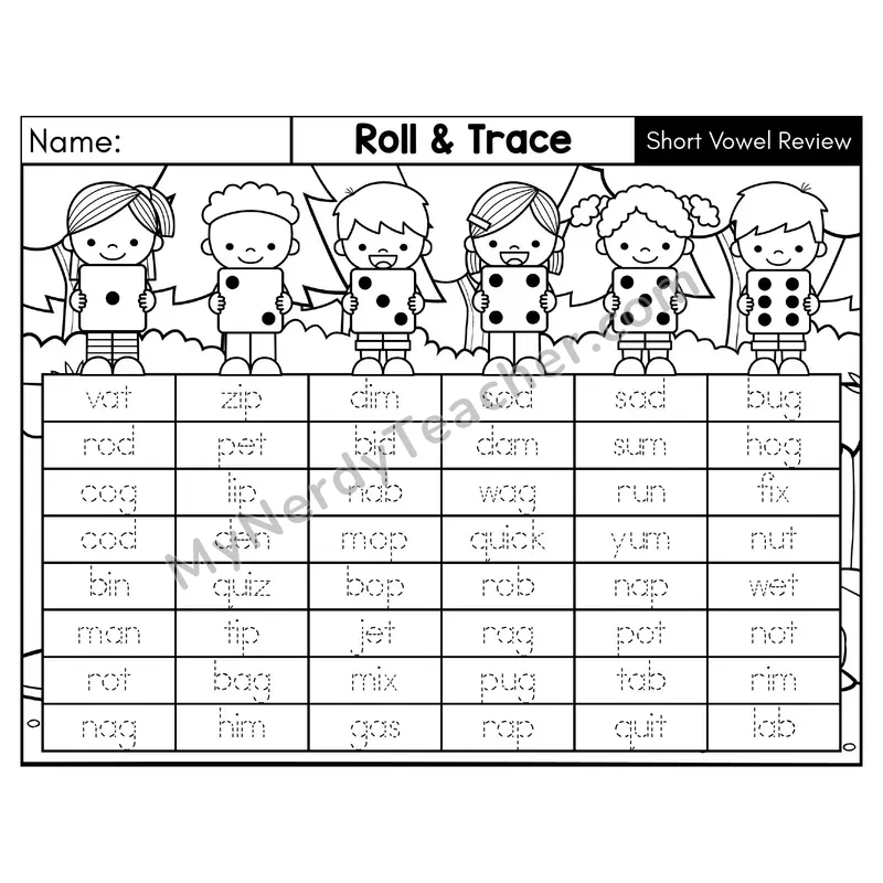 Short Vowel Review CVC Roll and Trace Phonics Center — Black & White