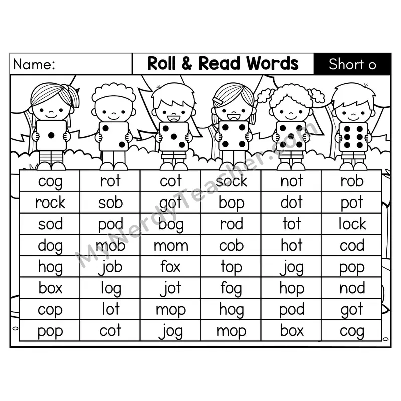 Short O CVC Roll and Read Words Phonics Center — Black & White