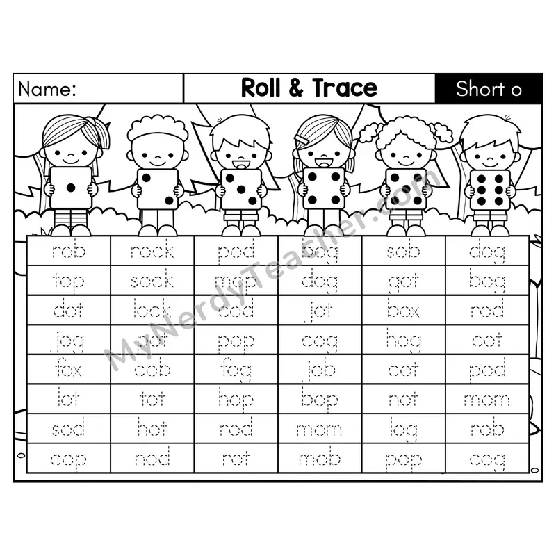 Short O CVC Roll and Trace Phonics Center — Black & White