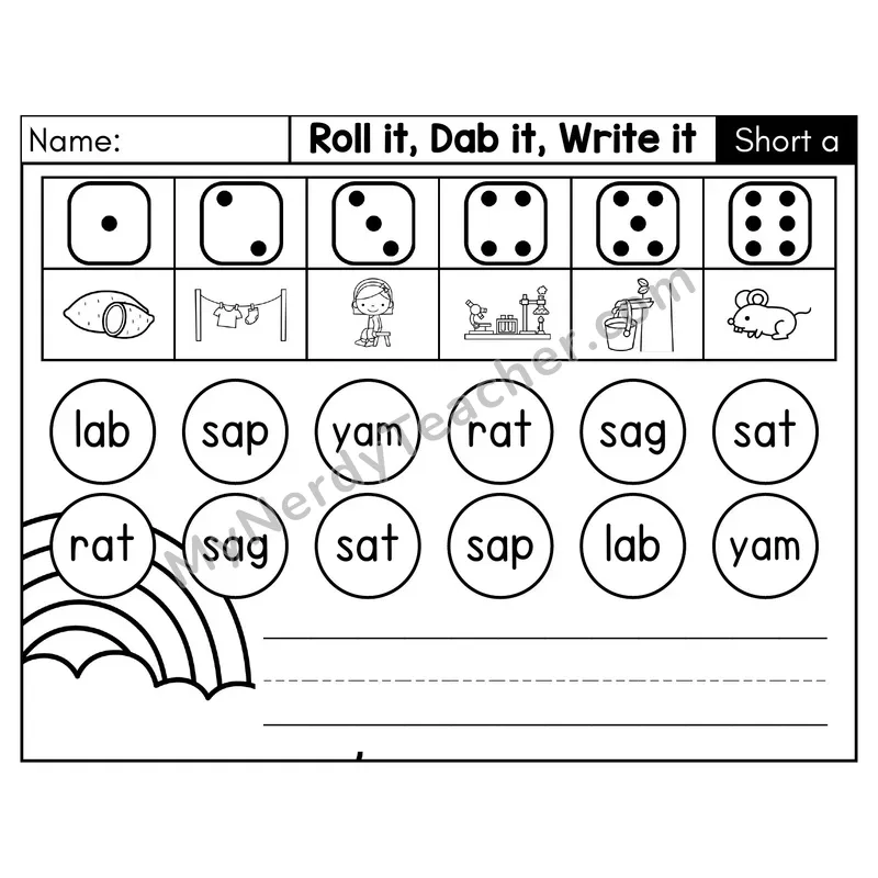 Short A CVC Roll it, Dab it, Write it Phonics Center — Black & White