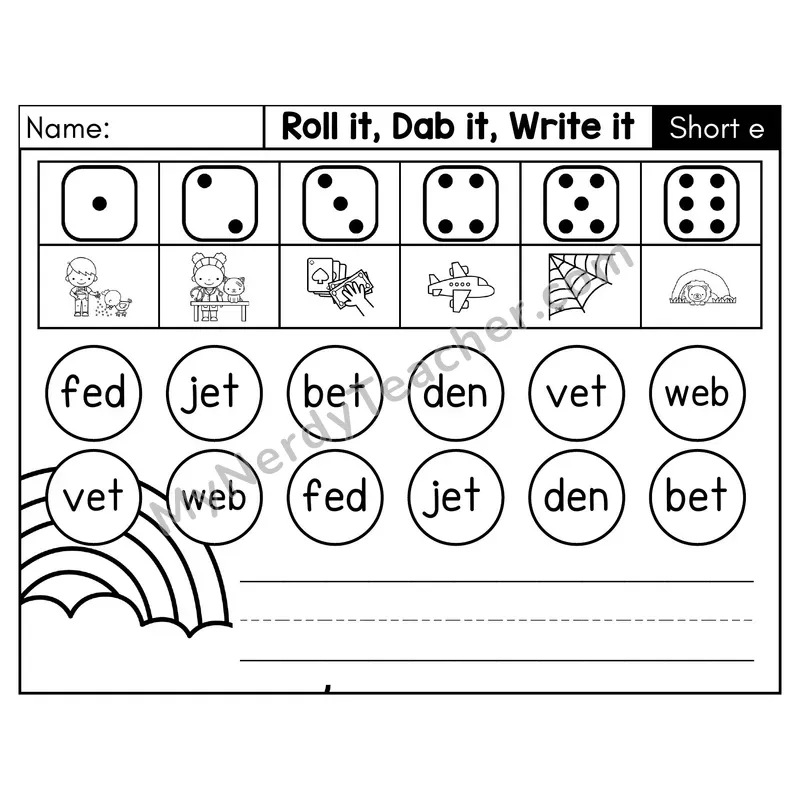 Short E CVC Roll it, Dab it, Write it Phonics Center — Black & White