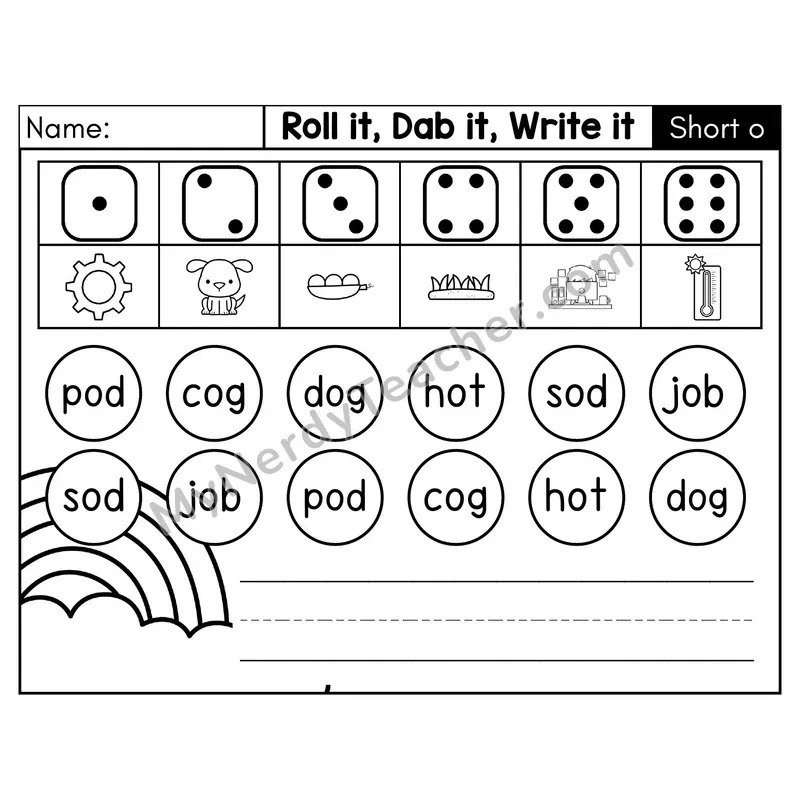 Short O CVC Roll it, Dab it, Write it Phonics Center — Black & White