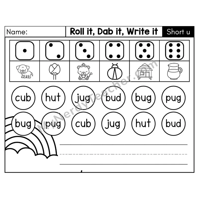 Short U CVC Roll it, Dab it, Write it Phonics Center — Black & White