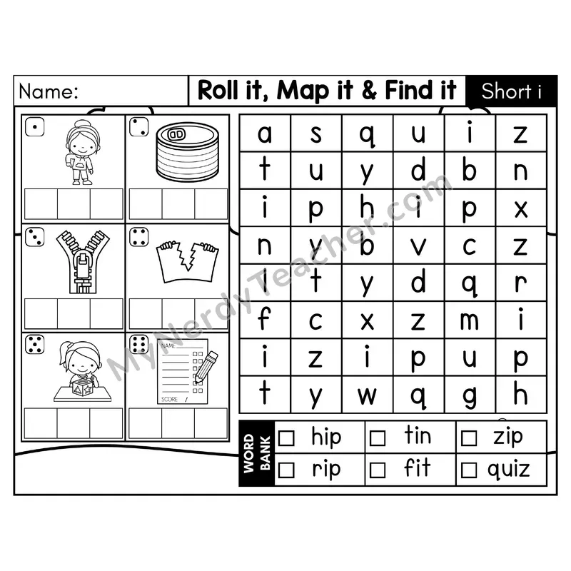 Short I CVC Roll it, Map it, and Find it Word Search — Black & White