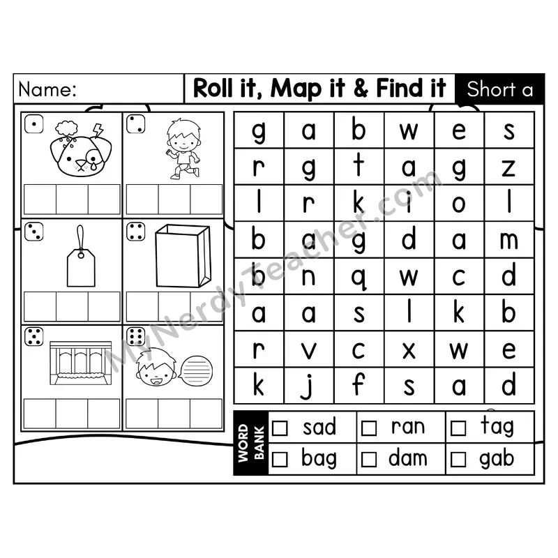 Short A CVC Roll it, Map it, and Find it Word Search — Black & White