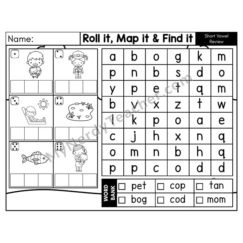Short Vowel Review CVC Roll it, Map it, and Find it Word Search — Black & White