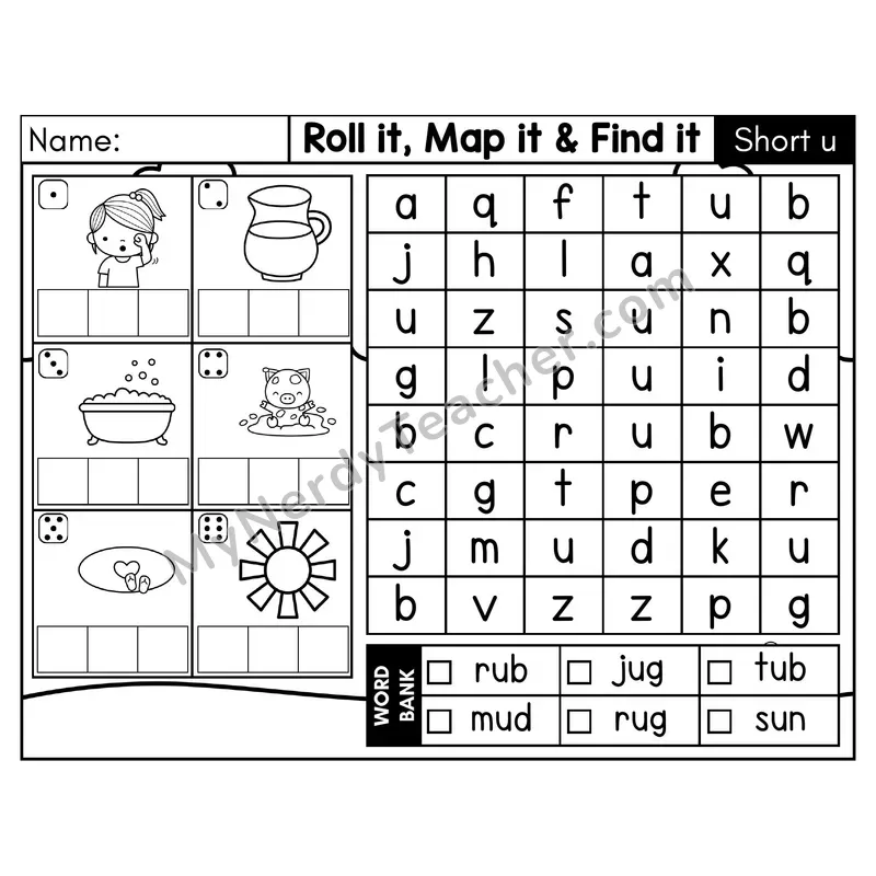 Short U CVC Roll it, Map it, and Find it Word Search — Black & White