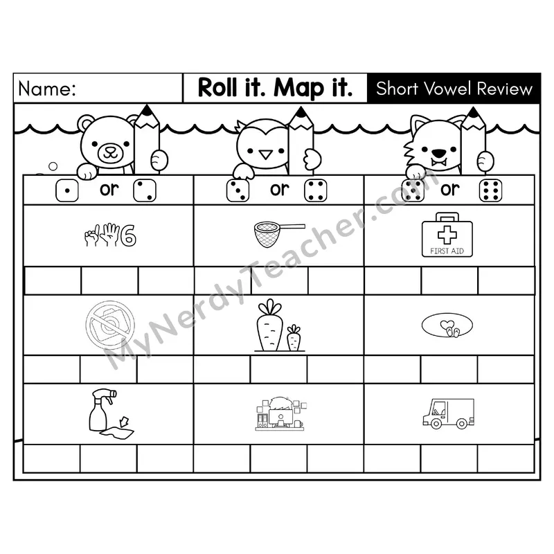 Short Vowel Review CVC Roll it, Map it Phonics Worksheet — Black & White