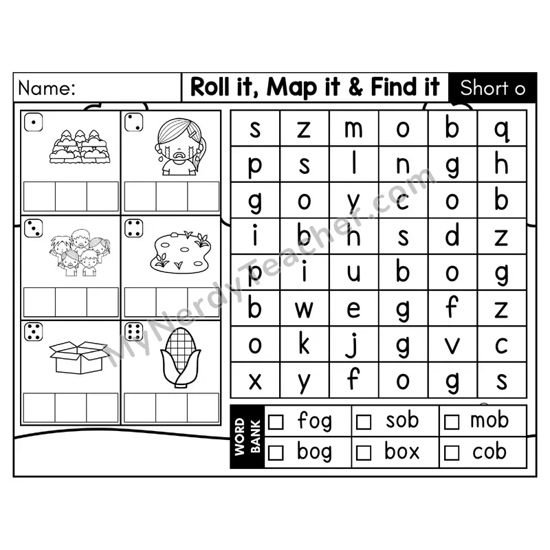 Short O CVC Roll it, Map it, and Find it Word Search — Black & White