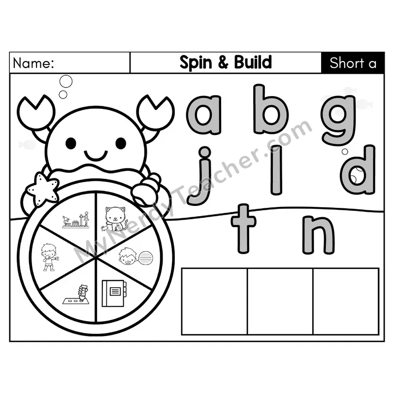 Short A CVC Spin and Build Phonics Center — Black & White