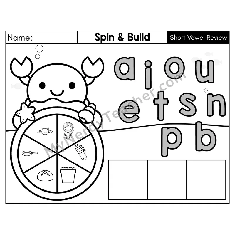 Short Vowel Review CVC Spin and Build Phonics Center — Black & White