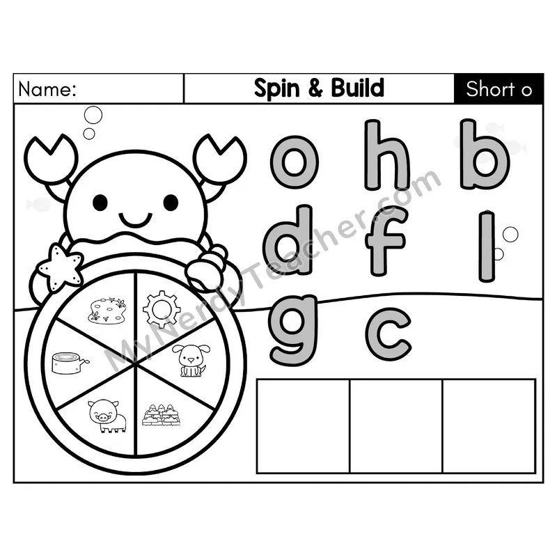 Short O CVC Spin and Build Phonics Center — Black & White