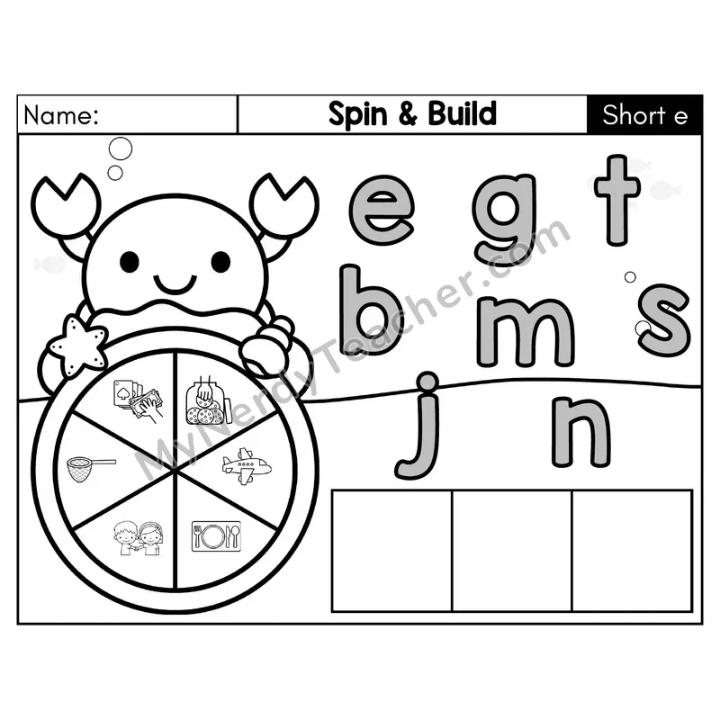 Short E CVC Spin and Build Phonics Center — Black & White