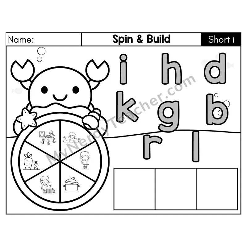 Short I CVC Spin and Build Phonics Center — Black & White
