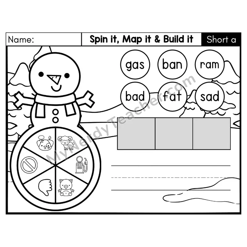 Short A CVC Spin it, Map it, and Build it Phonics Center — Black & White