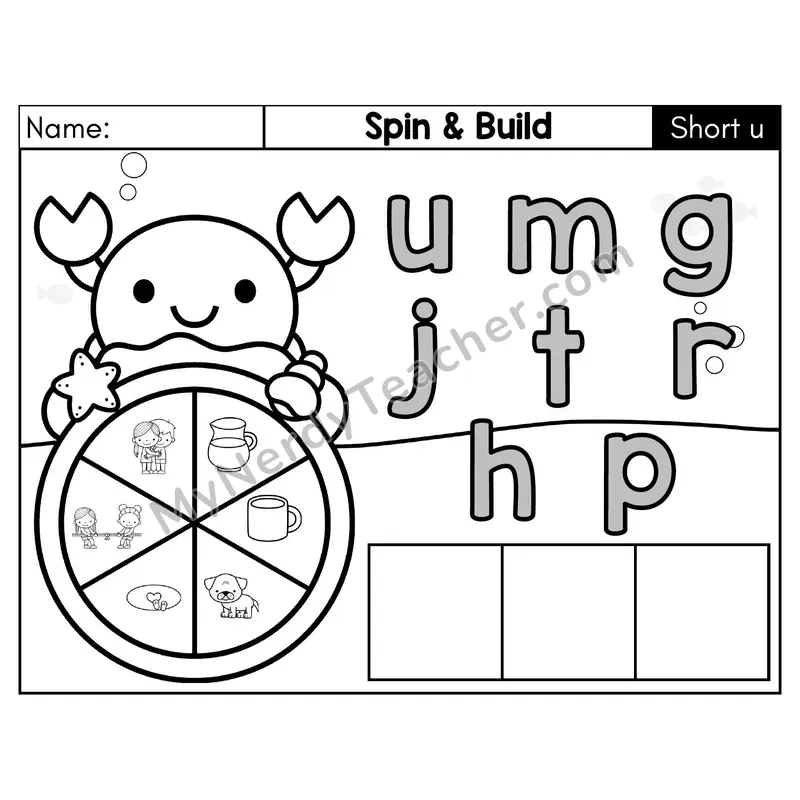 Short U CVC Spin and Build Phonics Center — Black & White