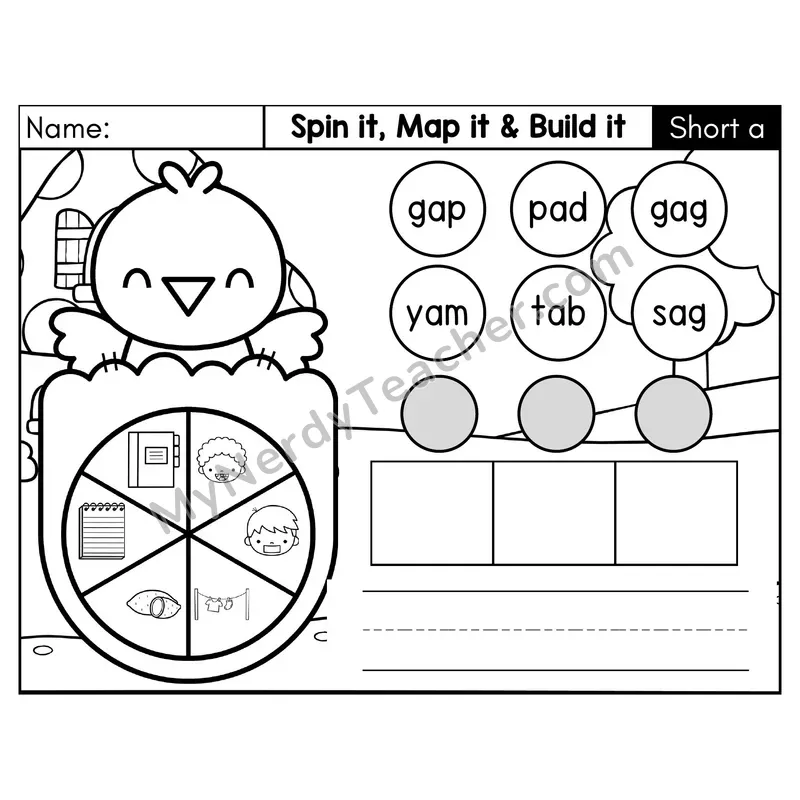 Short A CVC Spin it, Map it, and Build it Phonics Center 2 — Black & White